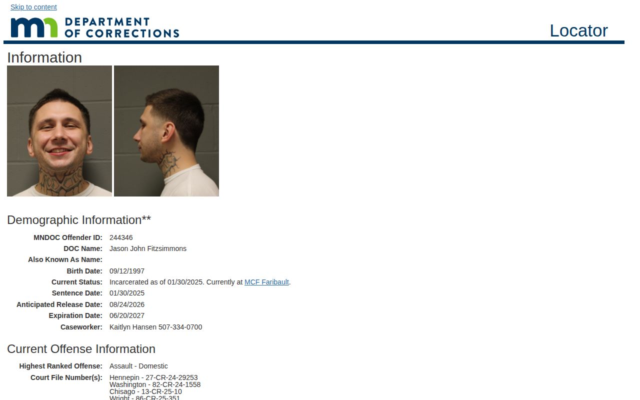 MNDOC incarcerated detail used for a Wright County anticipated release date
