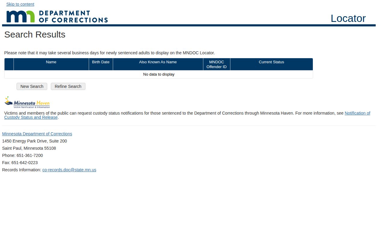 Minnesota Department of Corrections facilities offender search results for Wright County releases