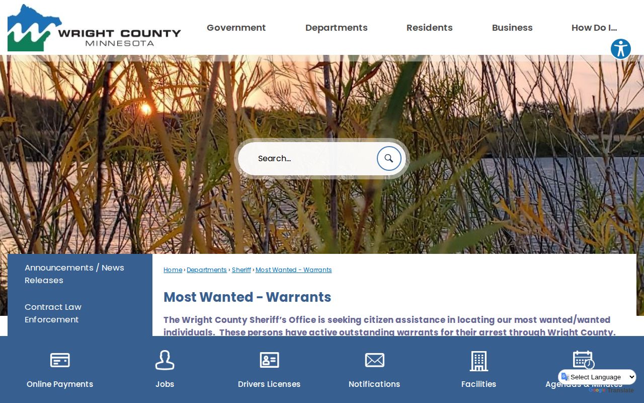 Wright County post-release supervision warrant verification page